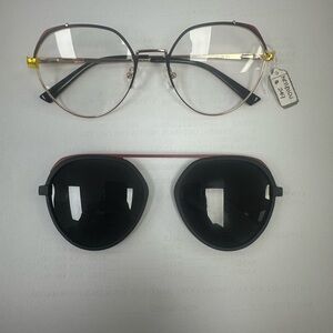 Stylish Black and Gold Glasses with Clip-On Polarized Shades